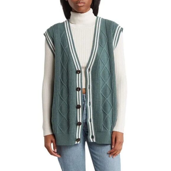 BP Nordstrom Oversized Cable Knit Sweater Vest In Green Size XS Preppy Unisex - Picture 1 of 10
